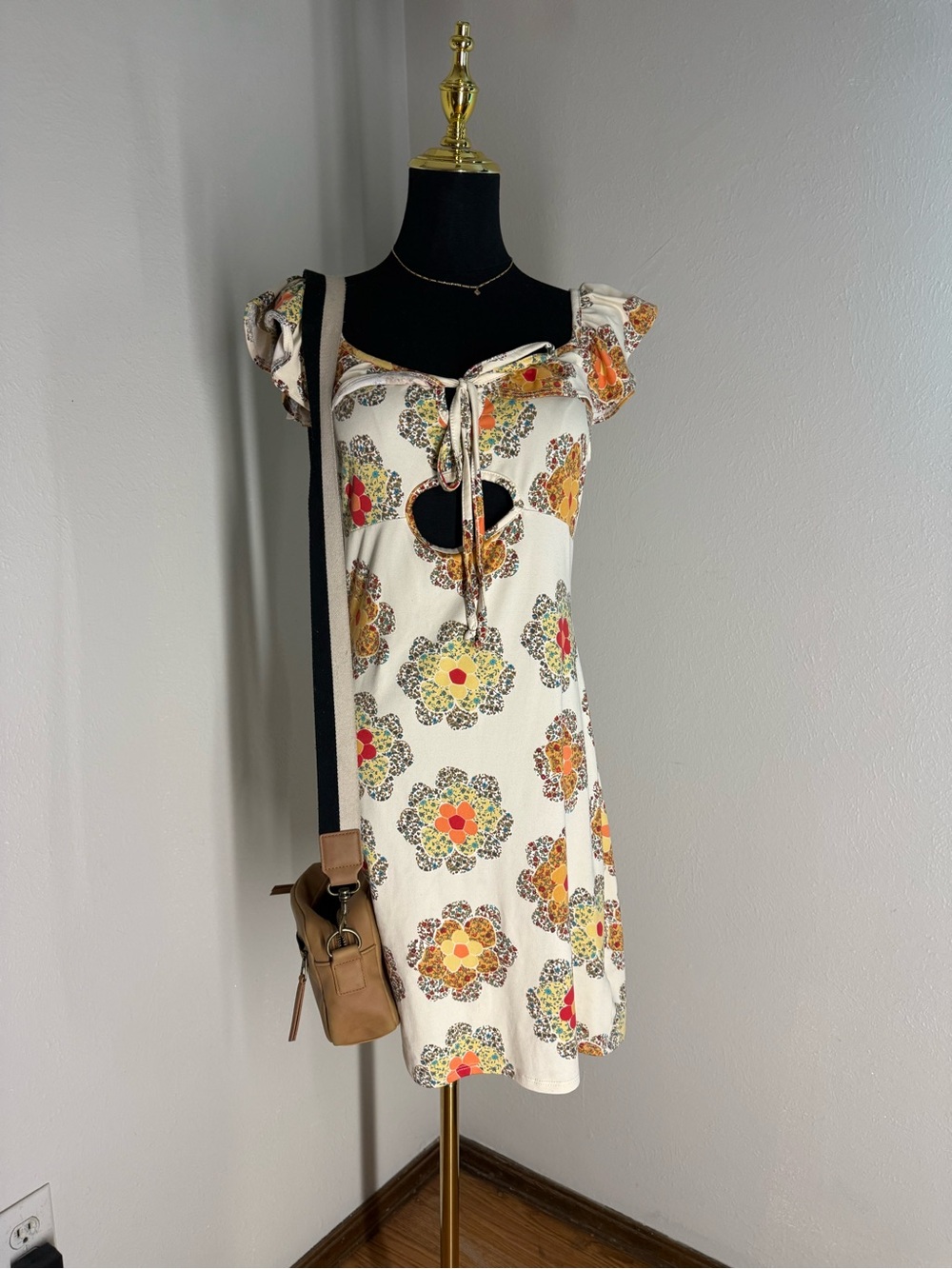 EARTHBOUND Cream Mini Dress with Multicolor Floral Medallions